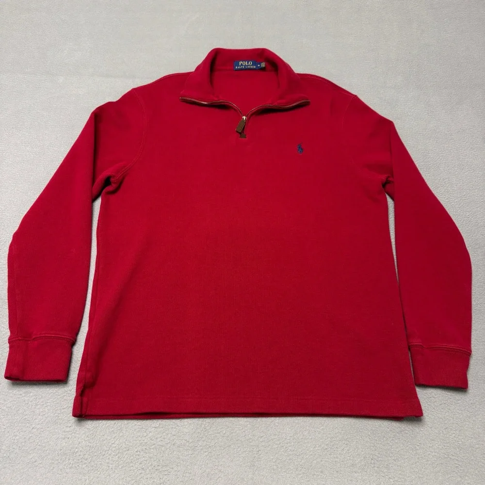Polo Ralph Lauren Quarter Zip Pullover Mens Medium Red Cotton Knit Sweater 7079
